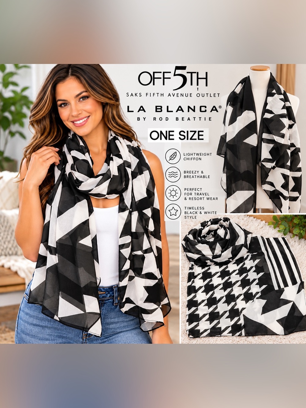 La Blanca by Rod Beattie Black White Geometric Scarf Wrap One Size NWT